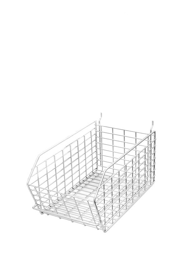 Wire basket with a rectangular grid and rear mounting hooks