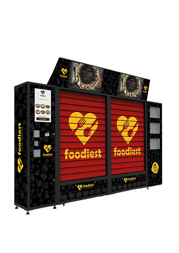 Branded cabinet assembly with rows of front access compartments and a side interface panel