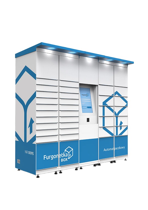 Locker bank with several compartment sizes and a central interface panel