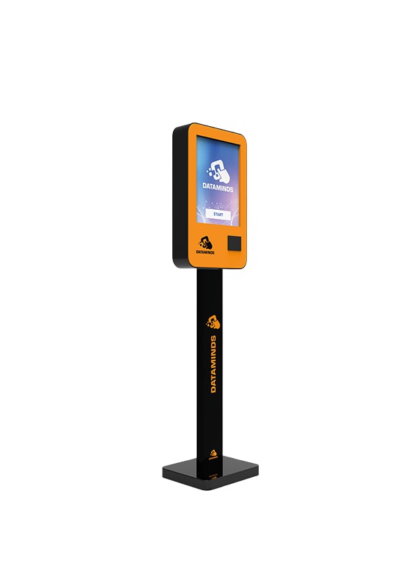 Freestanding slim kiosk enclosure with a front display area and pedestal base