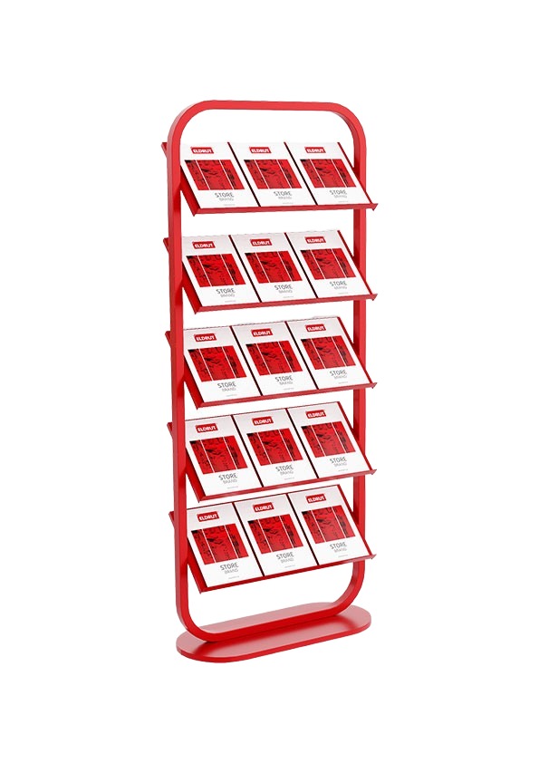 Freestanding red literature rack with five rows of brochure holders