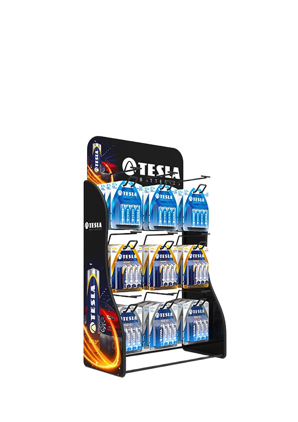 Display rack with rows of hooks holding small packaged products