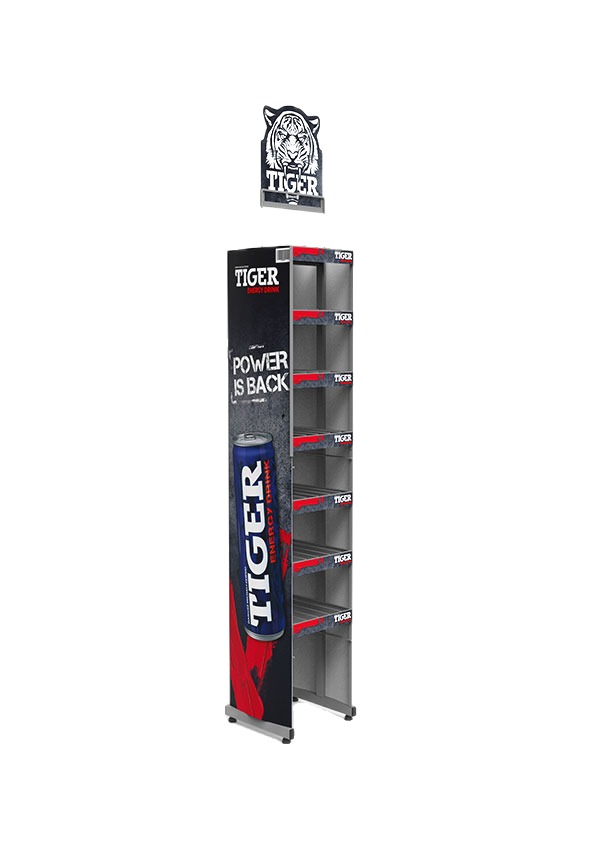 Narrow floor-standing display with multiple shelves and a header board