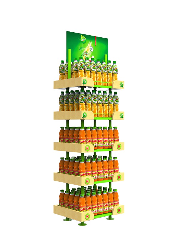 Freestanding drinks display with several shelf levels and a large header panel