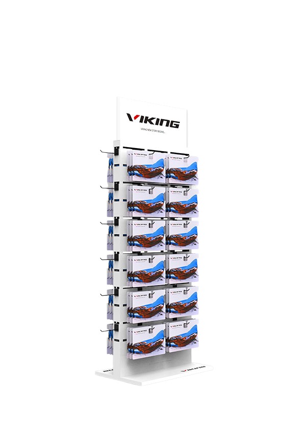 Freestanding retail display with rows of product hooks and a header board