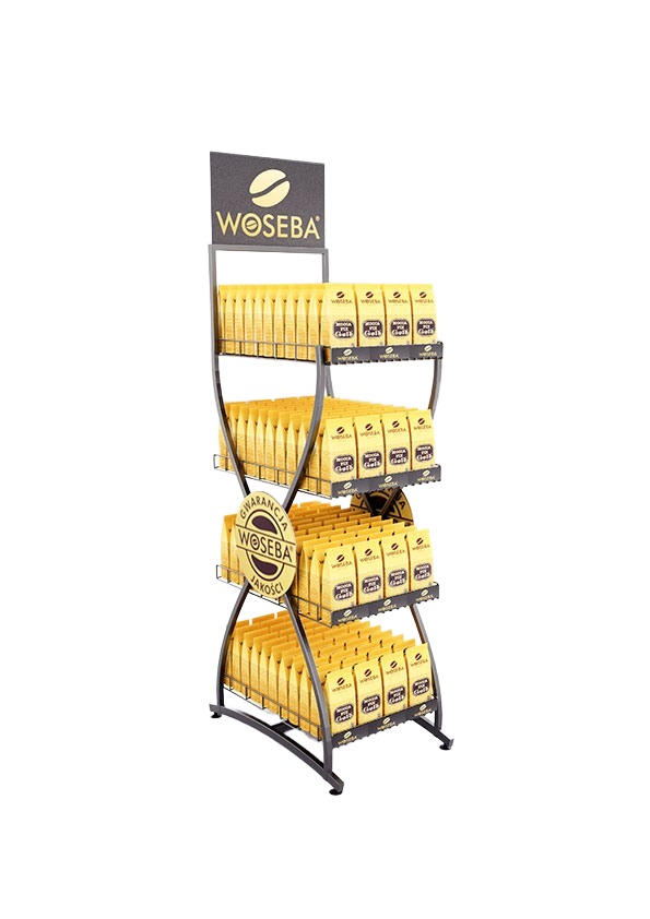 Floor-standing rack with wire-sided shelves and a rectangular header board