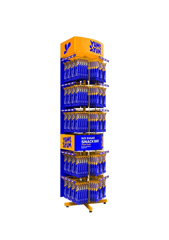 Tall display with multiple tiers of hooks for hanging packaged products
