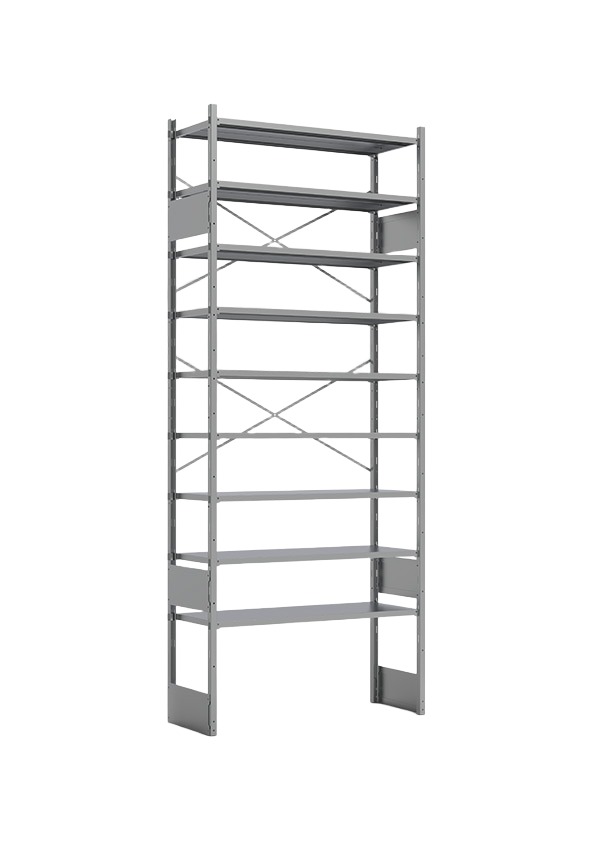 Z-H125 shelving frame with several closely spaced shelf levels