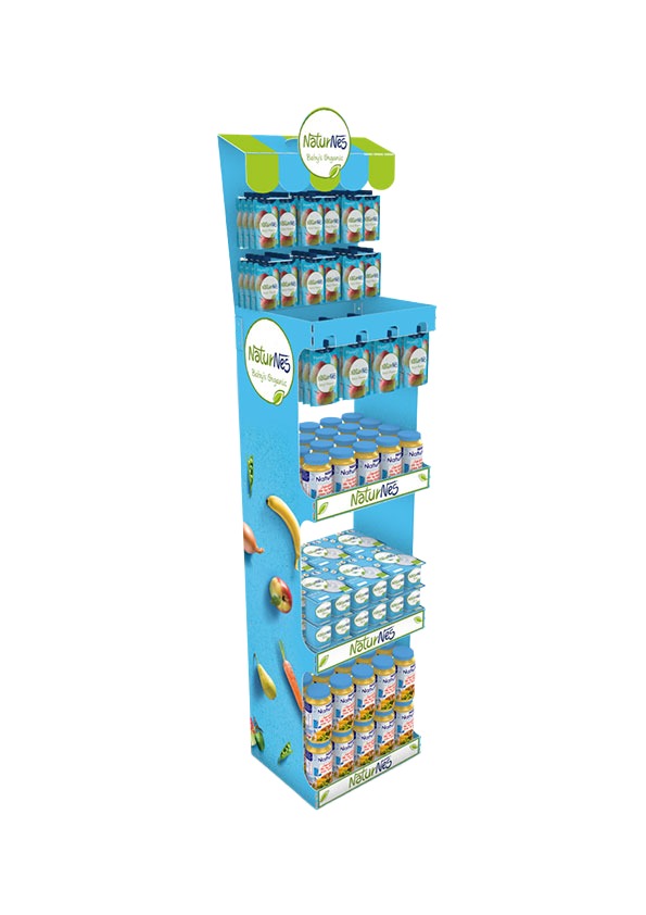 ORIGAMI display combining hooks for hanging packs with shelves for jars