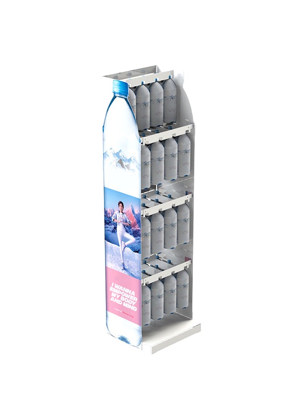 ORIGAMI bottle display with several shelf levels and a printed side panel