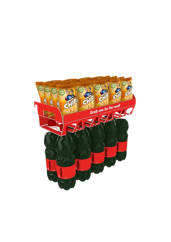 Red ORIGAMI display holding snack packs above hanging drinks bottles
